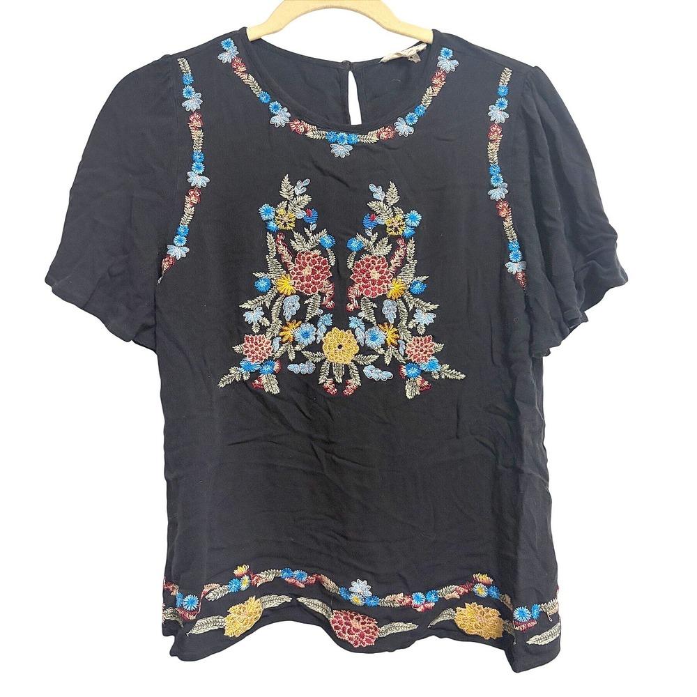 Entro Floral Embroidered Boho Black Blouse Short Sleeve Small S